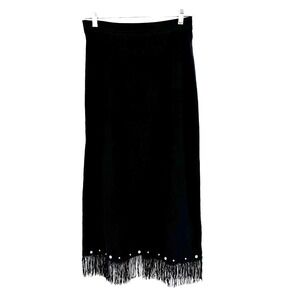 90s New Frontier Western Cowgirl Suede Fringe Maxi Skirt Med Black Studded USA